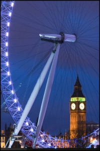 Big Ben & Millennium Wheel, South Bank, London, England. Image shot 2007. Exact date unknown.