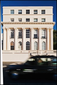 Taxi speeding by Cumberland terrace Regent's Park London England